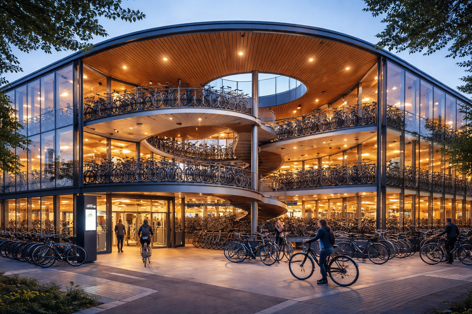 Moderne Fahrradparkhaus am späten Nachmittag